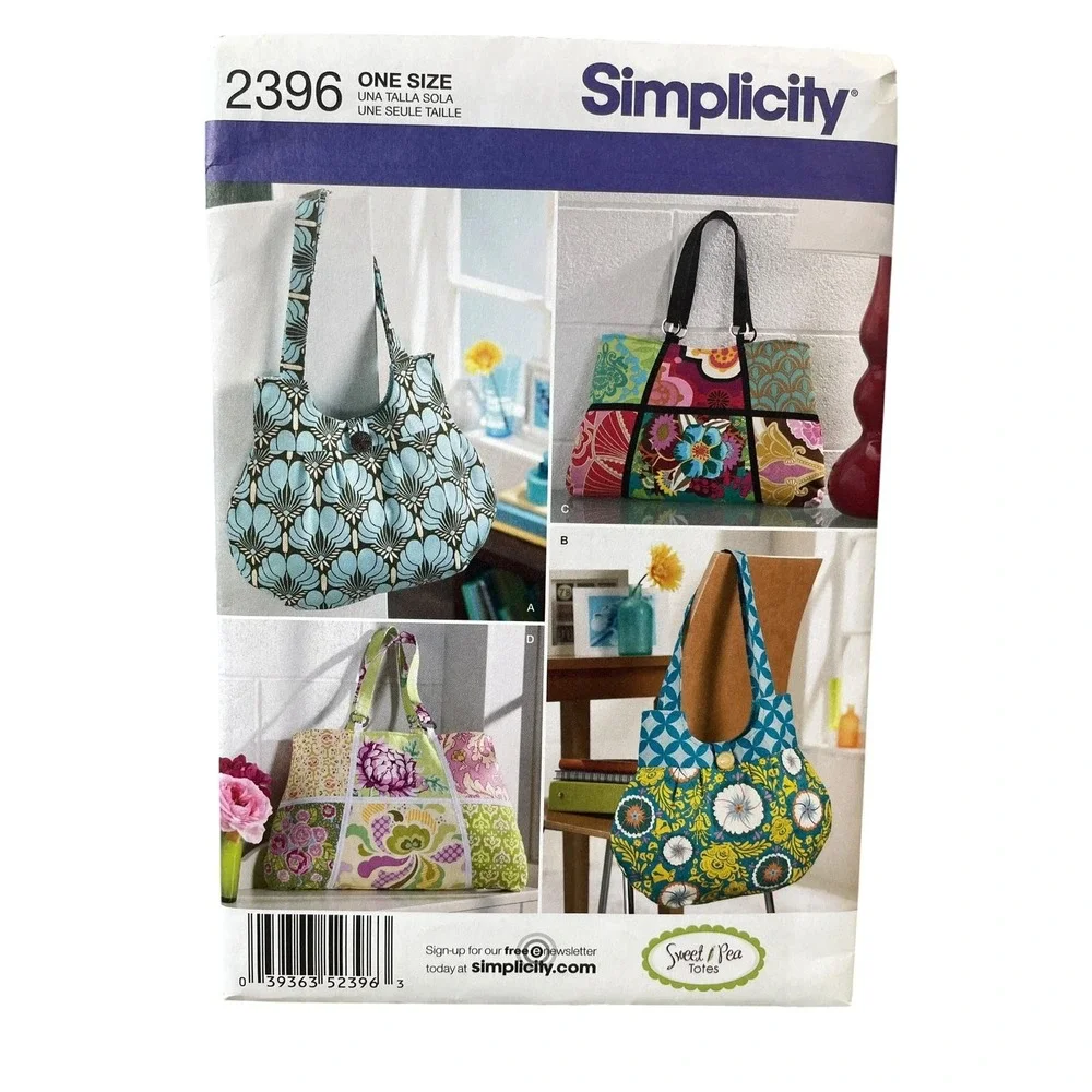 Simplicity 2396 Tote Bag Sewing Pattern OS White Sweet Pea Totes Uncut
